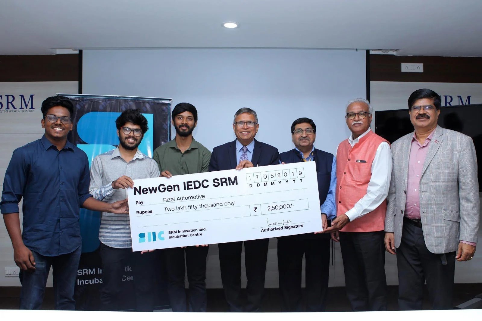 NewGen IEDC SRM grant cheque to Rizel Automotive, May 2019 — photograph